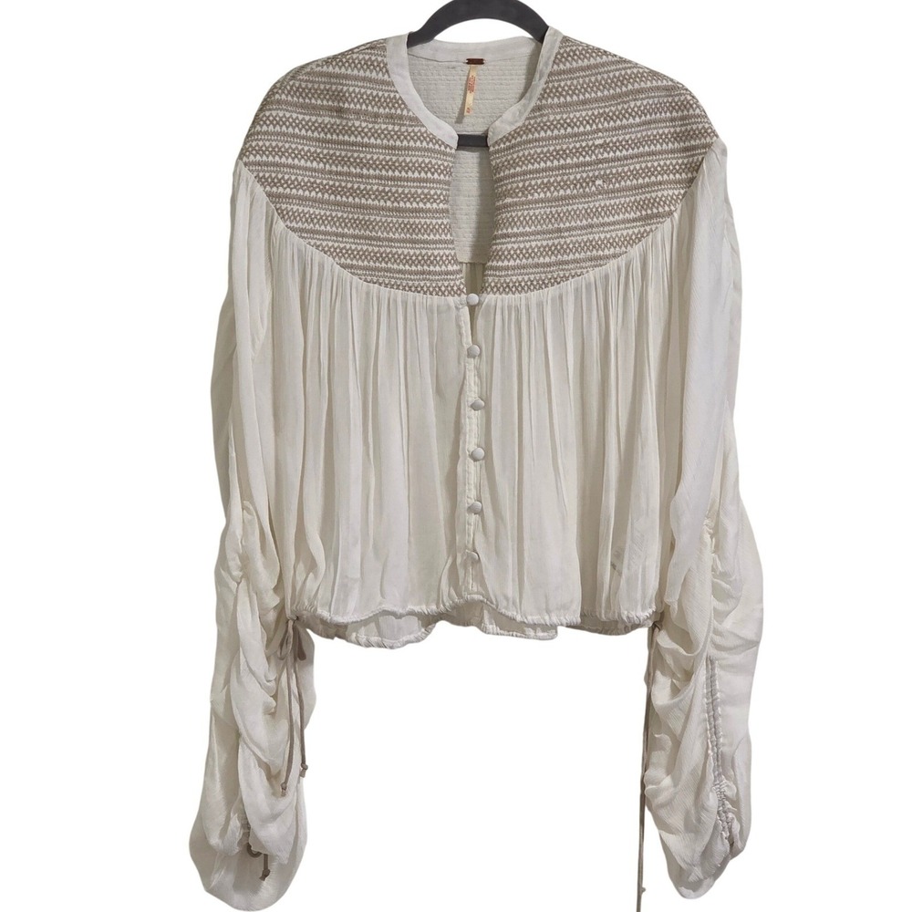 Free People Ballet School Blouse Womens XL Ivory Embroidered Pullover Read